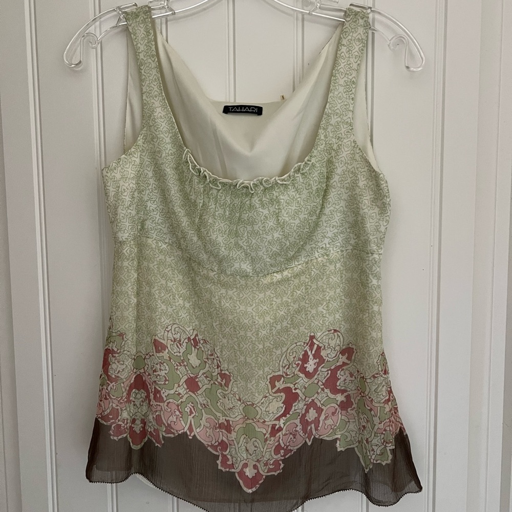 Tahari Green/Rose/Brown Silk Tank top